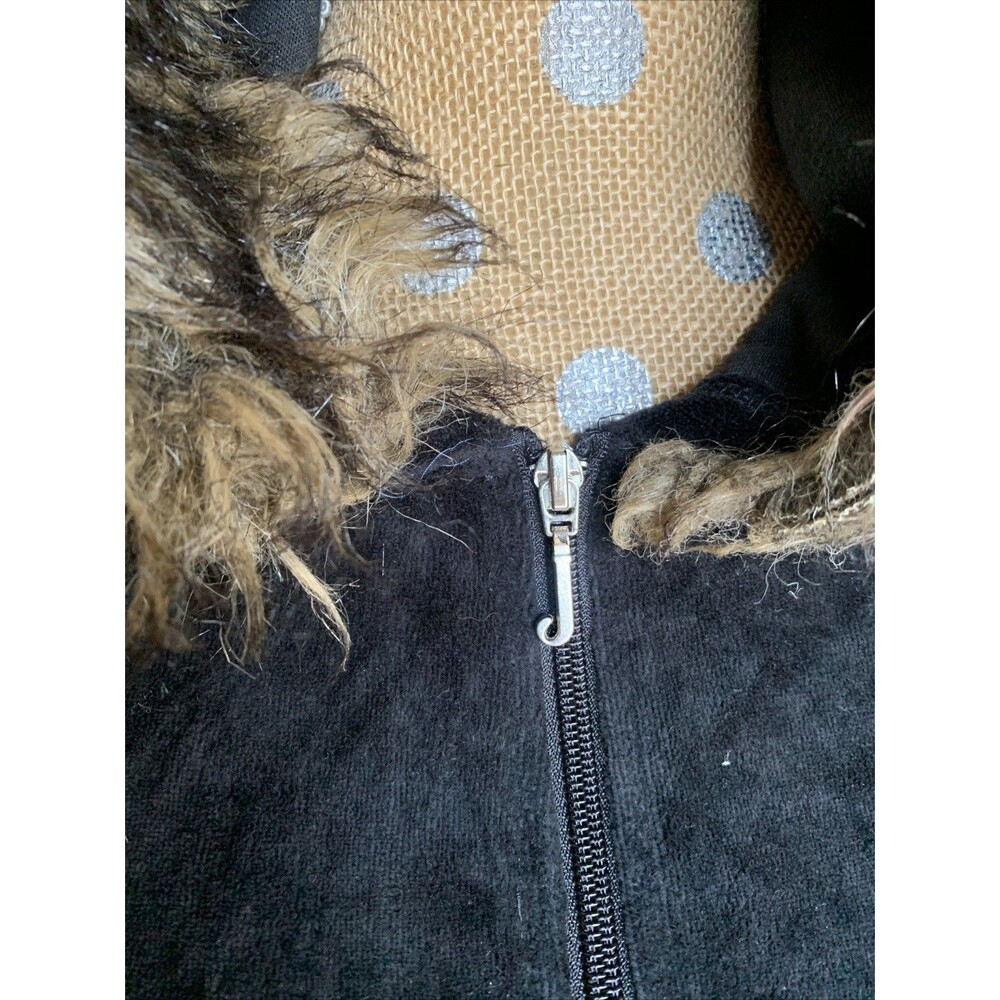 Y2K Vintage Juicy Couture Black Velour Faux Fur Track Jacket Small Mcbling Fall - Picture 2 of 8